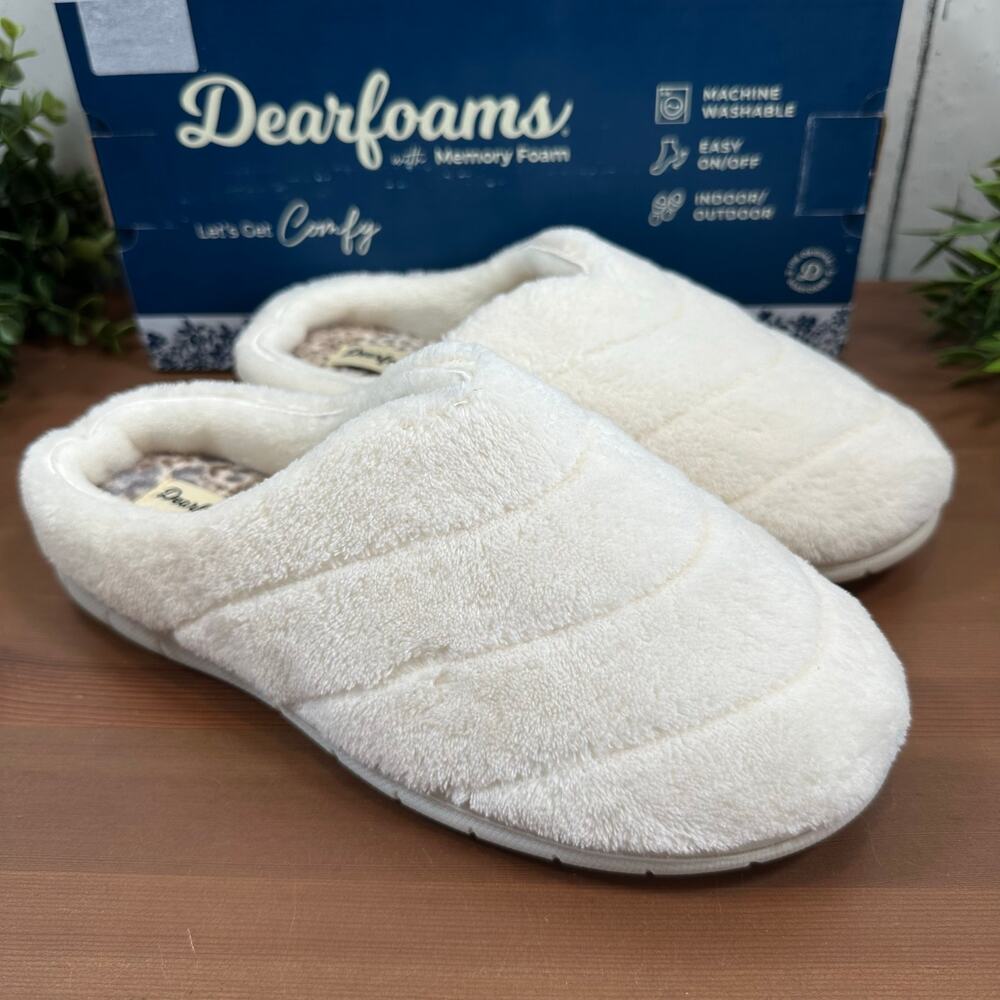 Dearfoams Women's Memory Foams Comfy White Slippers Size L (9-10)